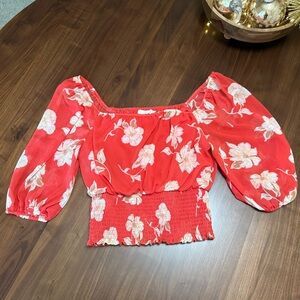 LUSH Smocked Floral Peplum Crop Top • Red/Coral Floral